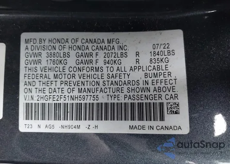 2022 Honda Civic Sport z USA, uszkodzony, nr VIN 2HGFE2F51NH597755